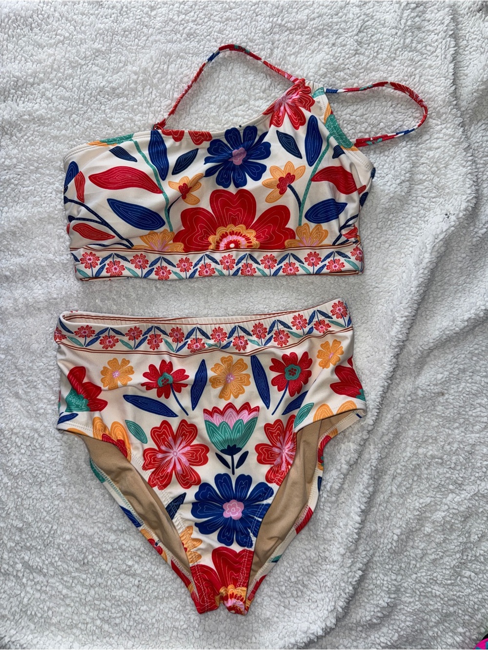 Floral One Shoulder High-Waist Bikini Set - Cream Multicolor, Tropical, NWOT M - Picture 4 of 11